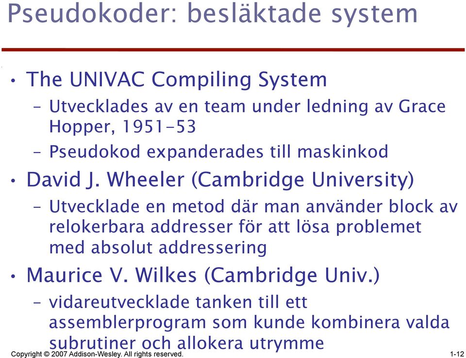 Wheeler (Cambridge University) Utvecklade en metod där man använder block av relokerbara addresser för att lösa problemet med