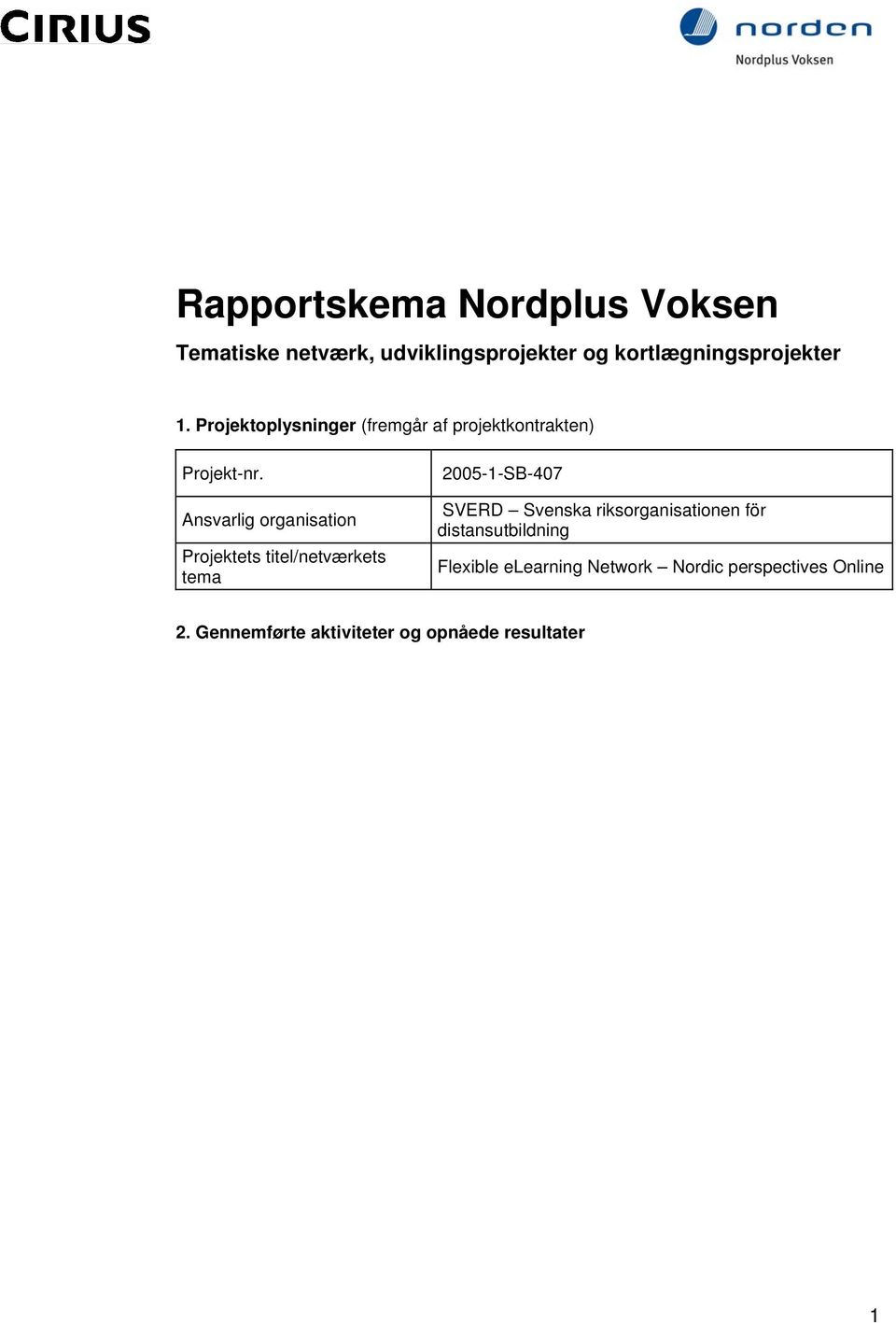 Ansvarlig organisation Projektets titel/netværkets tema 2005-1-SB-407 SVERD Svenska