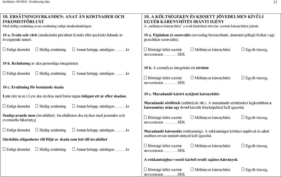 Kränkning av den personliga integriteten Enligt domslut Skälig ersättning Annat belopp, nämligen... 10 c. Ersättning för bestående skada Lyte (ärr m.m.) Lyte ska styrkas med foton tagna tidigast ett år efter skadan.
