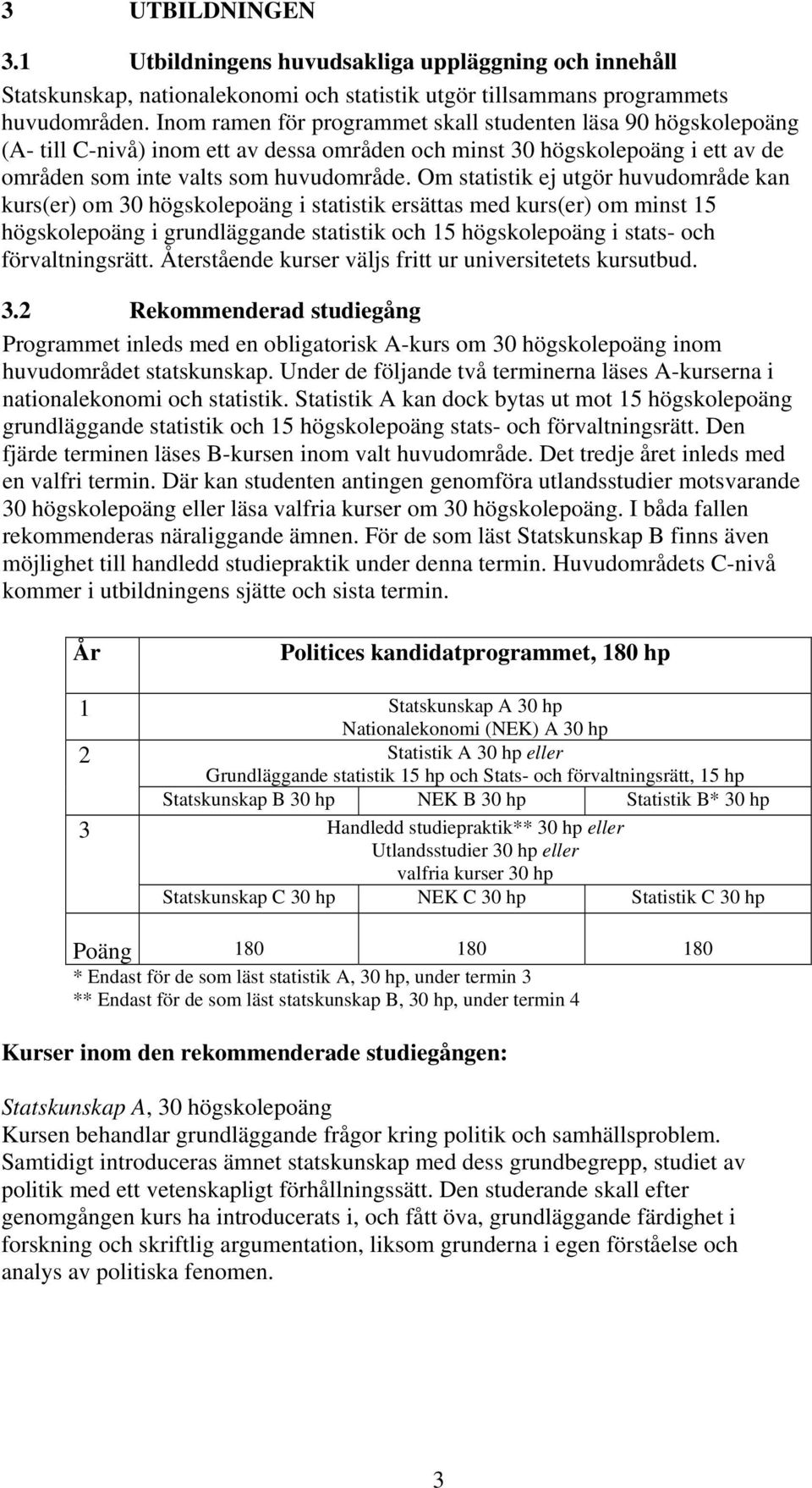 Om statistik ej utgör huvudområde kan kurs(er) om 30 högskolepoäng i statistik ersättas med kurs(er) om minst 15 högskolepoäng i grundläggande statistik och 15 högskolepoäng i stats- och