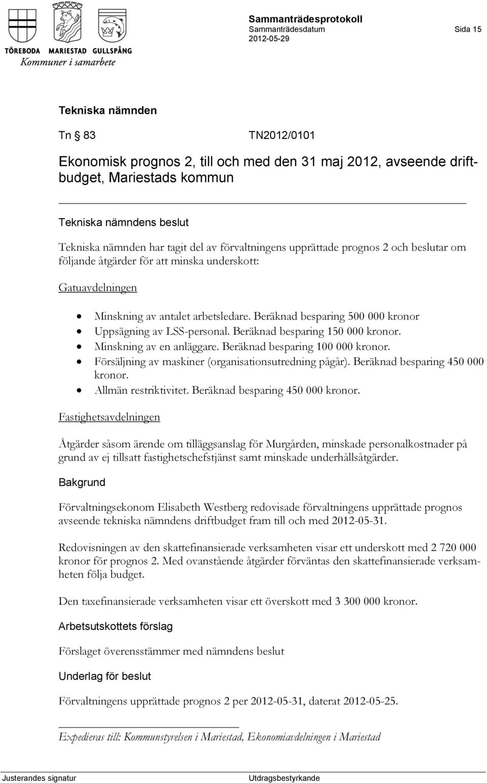 Beräknad besparing 150 000 kronor. Minskning av en anläggare. Beräknad besparing 100 000 kronor. Försäljning av maskiner (organisationsutredning pågår). Beräknad besparing 450 000 kronor.