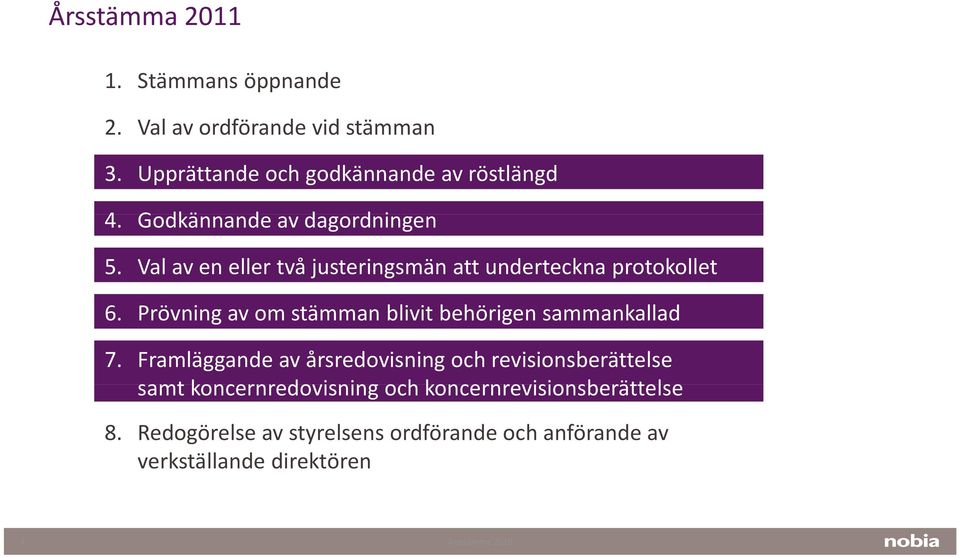 Prövning av om stämman blivit behörigen sammankallad 7.