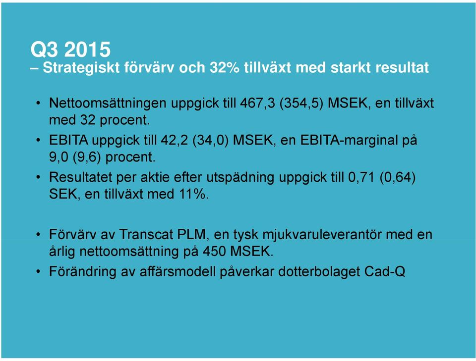 Resultatet per aktie efter utspädning uppgick till 0,71 (0,64) SEK, en tillväxt med 11%.