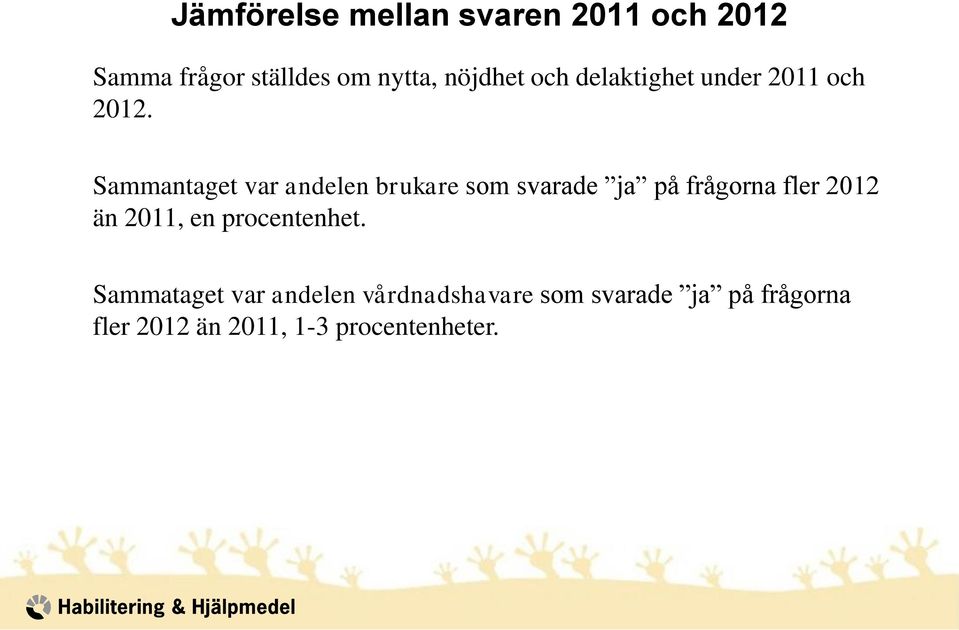 Sammantaget var andelen brukare som svarade ja på frågorna fler 2012 än 2011,