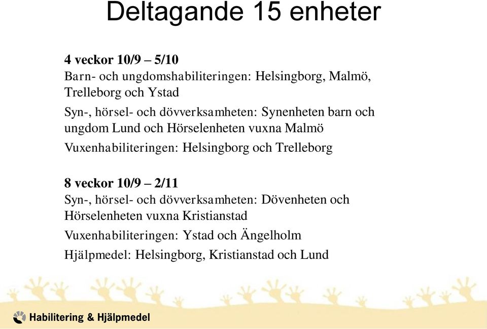 Vuxenhabiliteringen: Helsingborg och Trelleborg 8 veckor 10/9 2/11 Syn-, hörsel- och dövverksamheten: Dövenheten