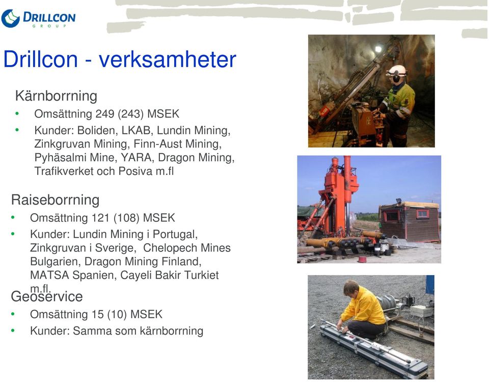 fl Raiseborrning Omsättning 121 (108) MSEK Kunder: Lundin Mining i Portugal, Zinkgruvan i Sverige, Chelopech Mines