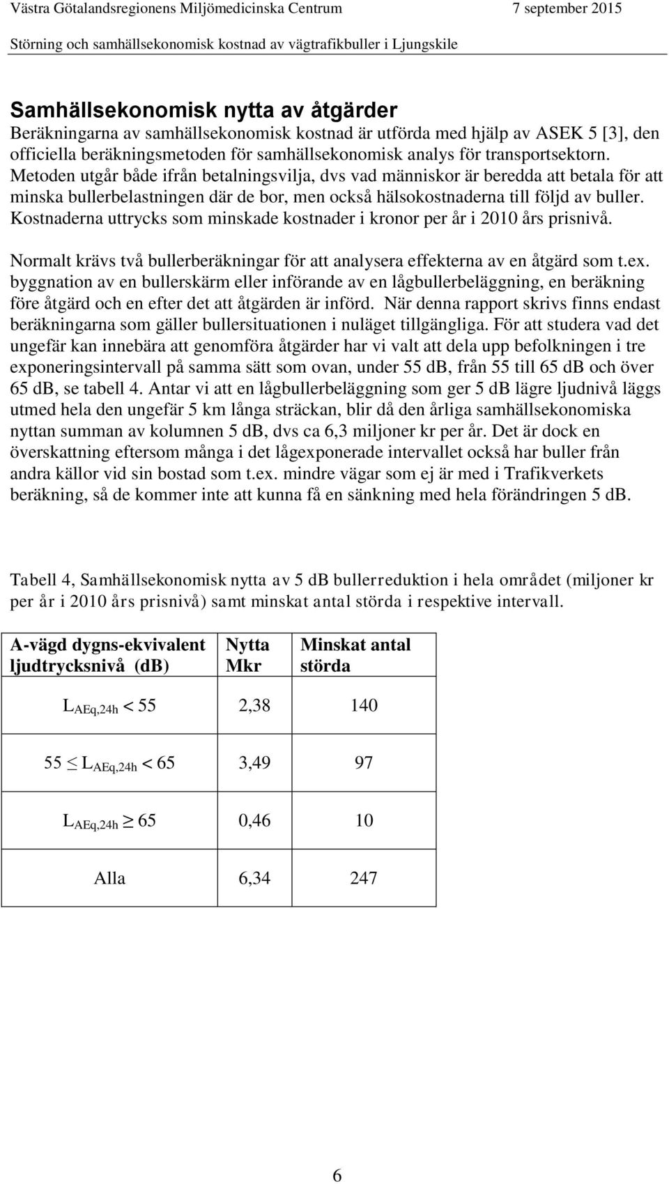 Kostnaderna uttrycks som minskade kostnader i kronor per år i 2010 års prisnivå. Normalt krävs två bullerberäkningar för att analysera effekterna av en åtgärd som t.ex.