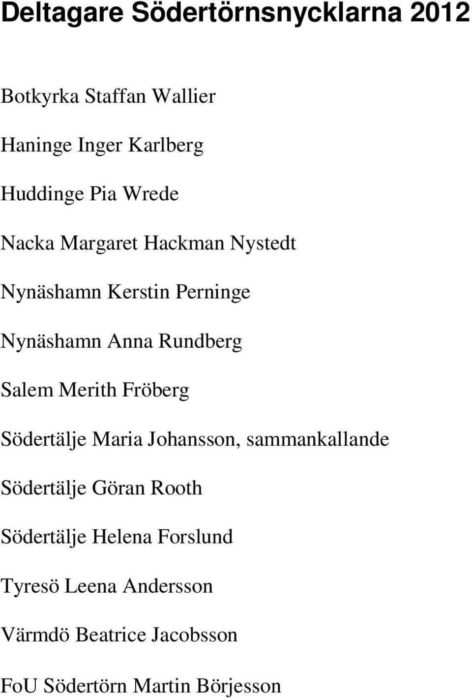 Salem Merith Fröberg Södertälje Maria Johansson, sammankallande Södertälje Göran Rooth