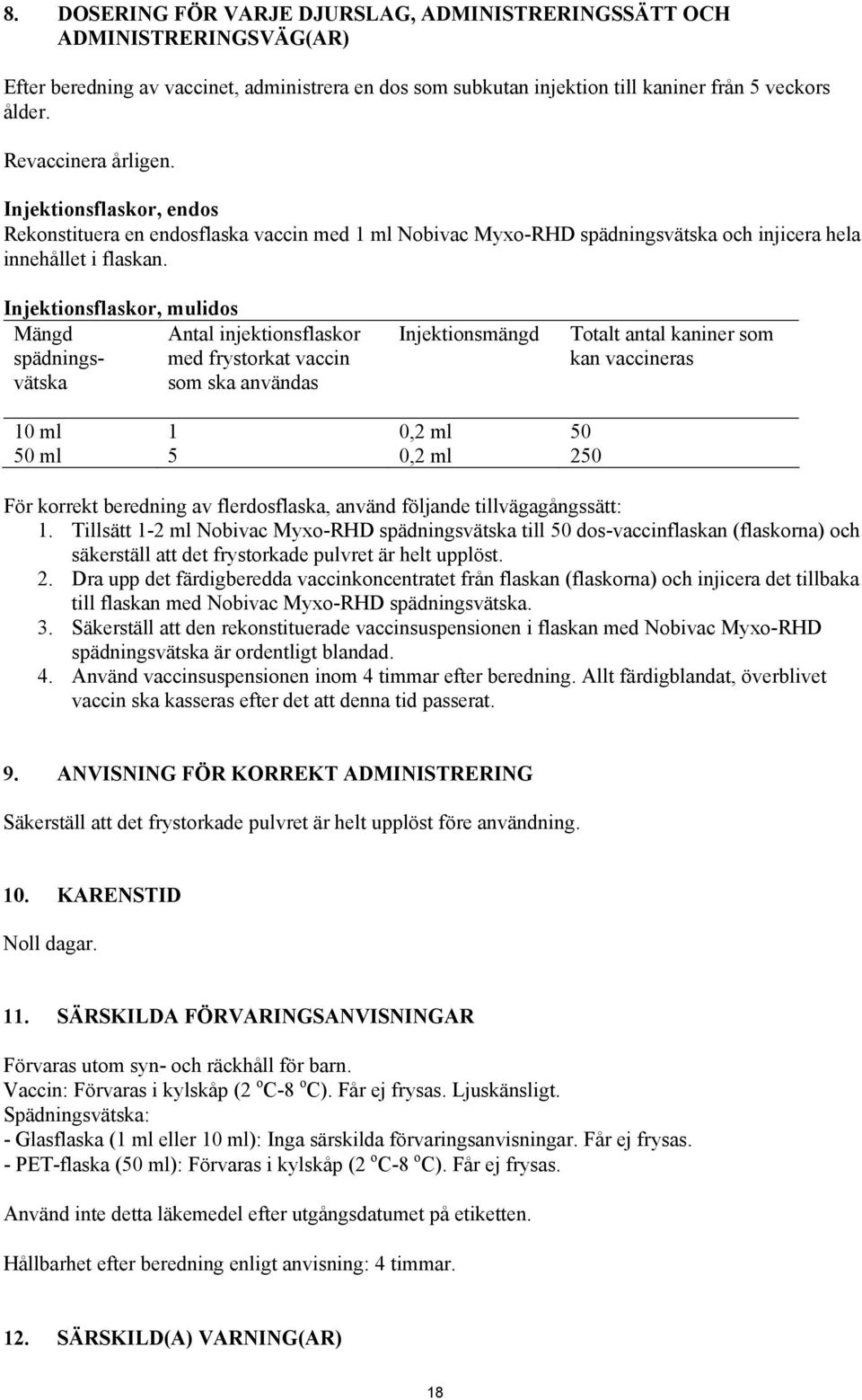 Injektionsflaskor, mulidos Mängd Antal injektionsflaskor spädningsvätska som ska med frystorkat vaccin användas Injektionsmängd Totalt antal kaniner som kan vaccineras 10 ml 1 0,2 ml 50 50 ml 5 0,2