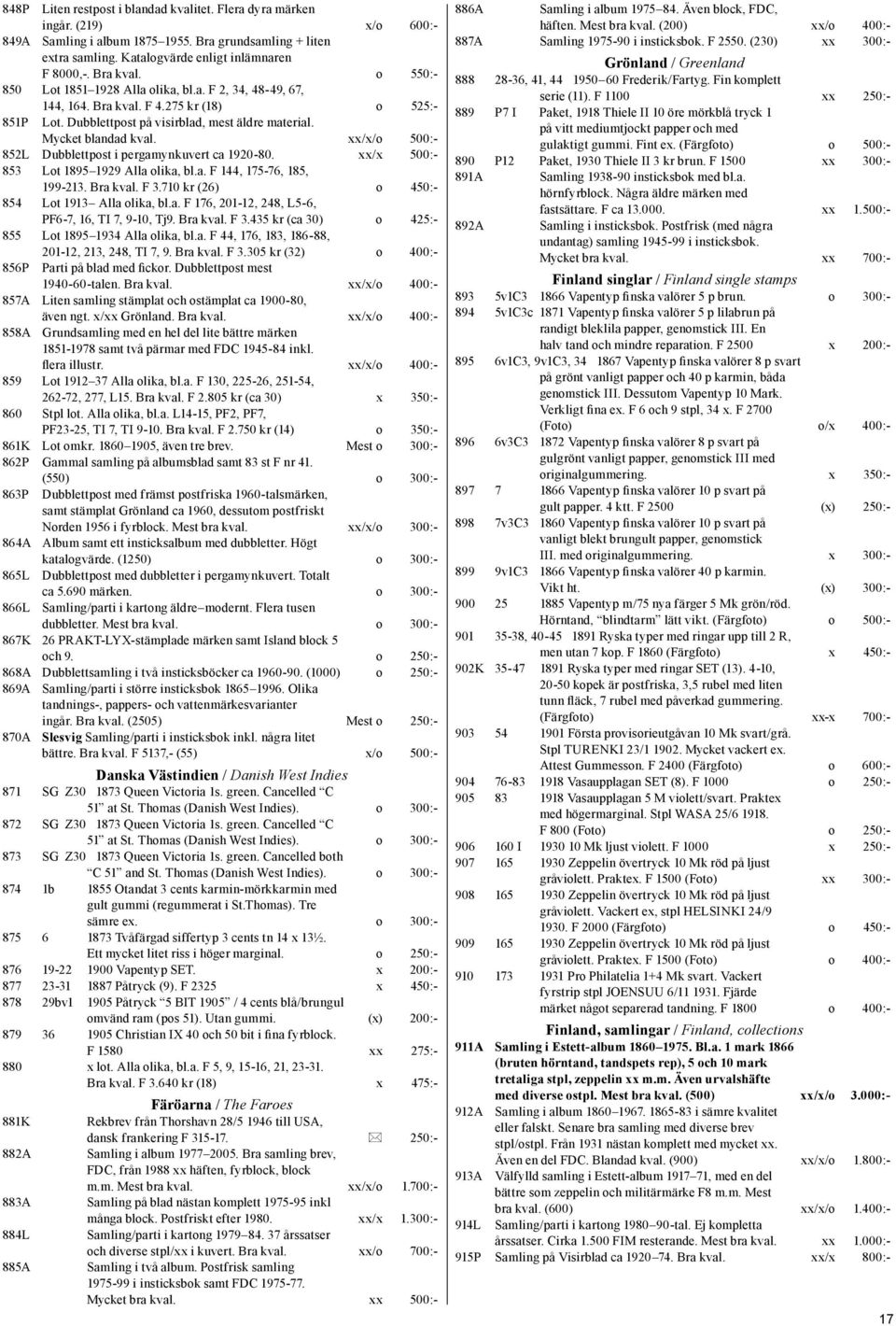 xx/x/o 500:- 852L Dubblettpost i pergamynkuvert ca 1920-80. xx/x 500:- 853 Lot 1895 1929 Alla olika, bl.a. F 144, 175-76, 185, 199-213. Bra kval. F 3.710 kr (26) o 450:- 854 Lot 1913 Alla olika, bl.a. F 176, 201-12, 248, L5-6, PF6-7, 16, TI 7, 9-10, Tj9.