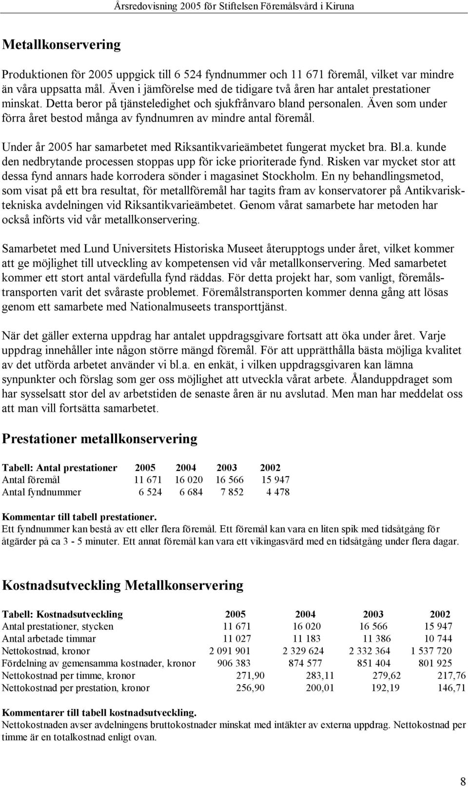 Även som under förra året bestod många av fyndnumren av mindre antal föremål. Under år 2005 har samarbetet med Riksantikvarieämbetet fungerat mycket bra. Bl.a. kunde den nedbrytande processen stoppas upp för icke prioriterade fynd.