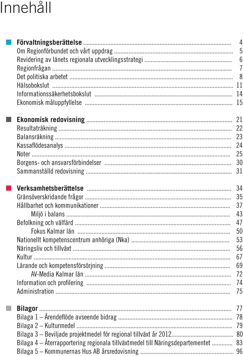 .. 25 Borgens- och ansvarsförbindelser... 30 Sammanställd redovisning... 31 Verksamhetsberättelse... 34 Gränsöverskridande frågor... 35 Hållbarhet och kommunikationer... 37 Miljö i balans.