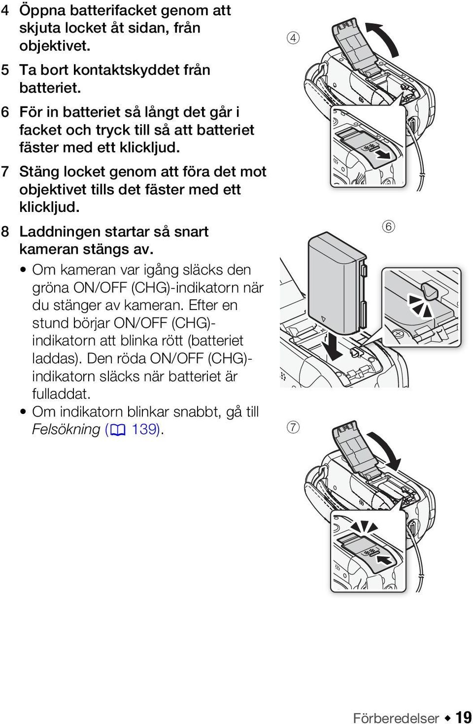 7 Stäng locket genom att föra det mot objektivet tills det fäster med ett klickljud. 8 Laddningen startar så snart kameran stängs av.