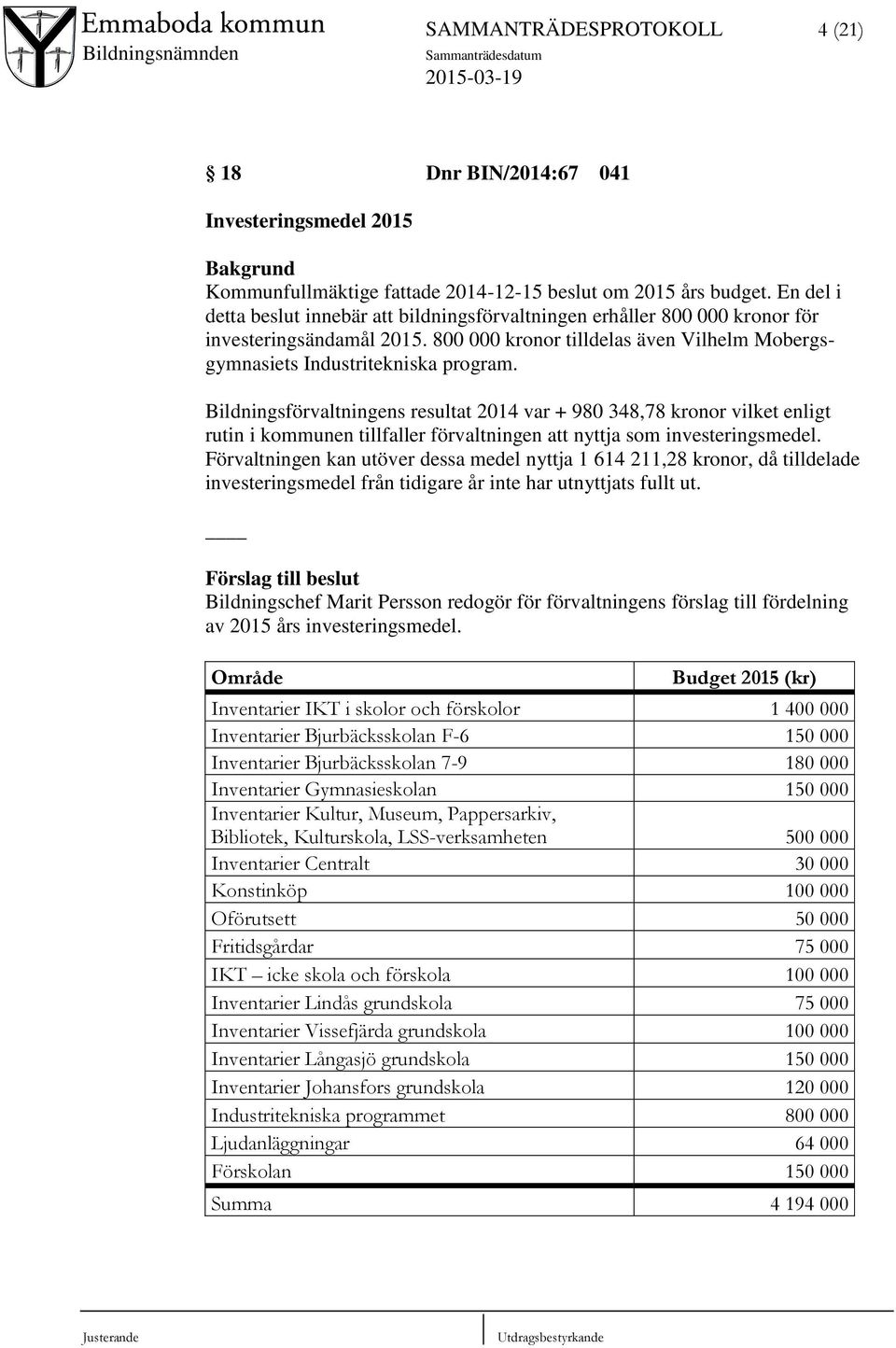 Bildningsförvaltningens resultat 2014 var + 980 348,78 kronor vilket enligt rutin i kommunen tillfaller förvaltningen att nyttja som investeringsmedel.