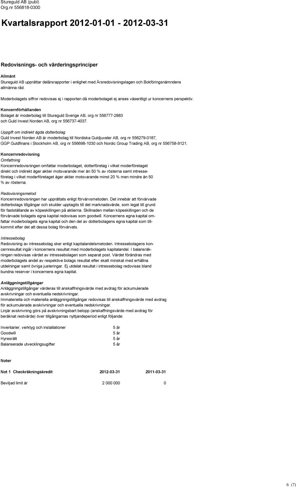 Koncernförhållanden Bolaget är moderbolag till Stureguld Sverige AB, org nr 556777-2883 och Guld Invest Norden AB, org nr 556737-4037.