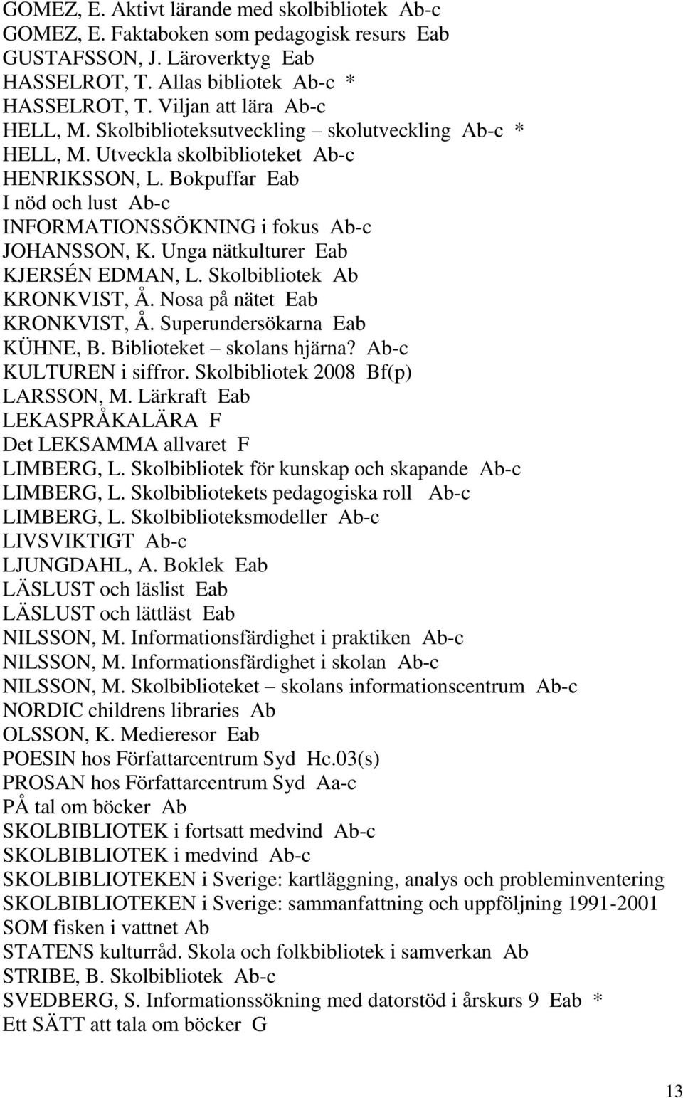 Bokpuffar Eab I nöd och lust Ab-c INFORMATIONSSÖKNING i fokus Ab-c JOHANSSON, K. Unga nätkulturer Eab KJERSÉN EDMAN, L. Skolbibliotek Ab KRONKVIST, Å. Nosa på nätet Eab KRONKVIST, Å.