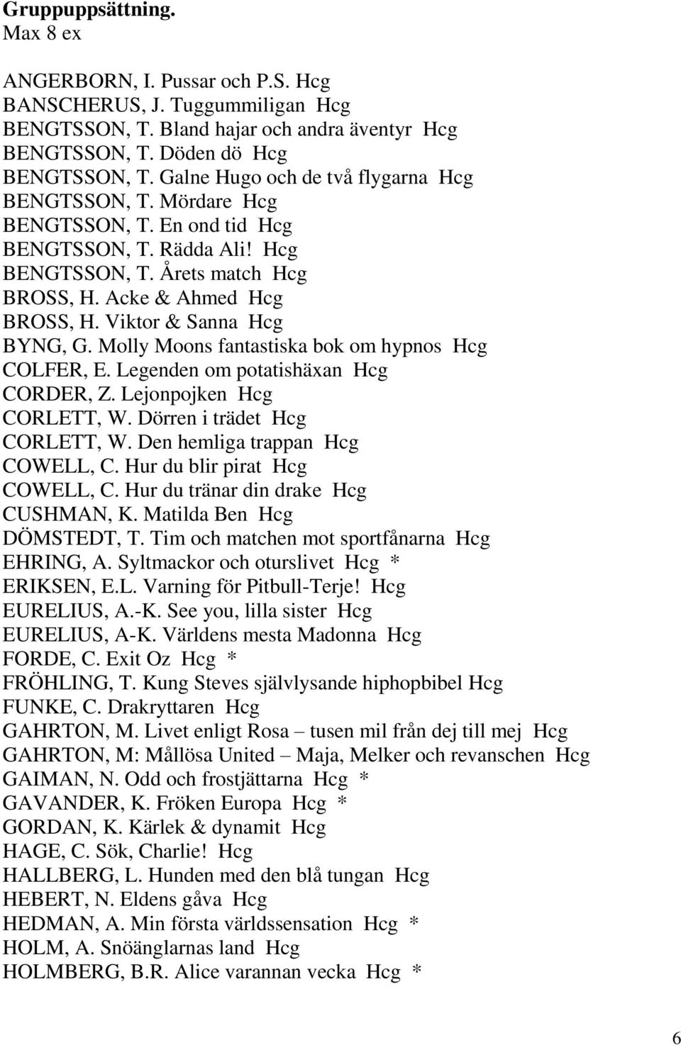 Viktor & Sanna Hcg BYNG, G. Molly Moons fantastiska bok om hypnos Hcg COLFER, E. Legenden om potatishäxan Hcg CORDER, Z. Lejonpojken Hcg CORLETT, W. Dörren i trädet Hcg CORLETT, W.