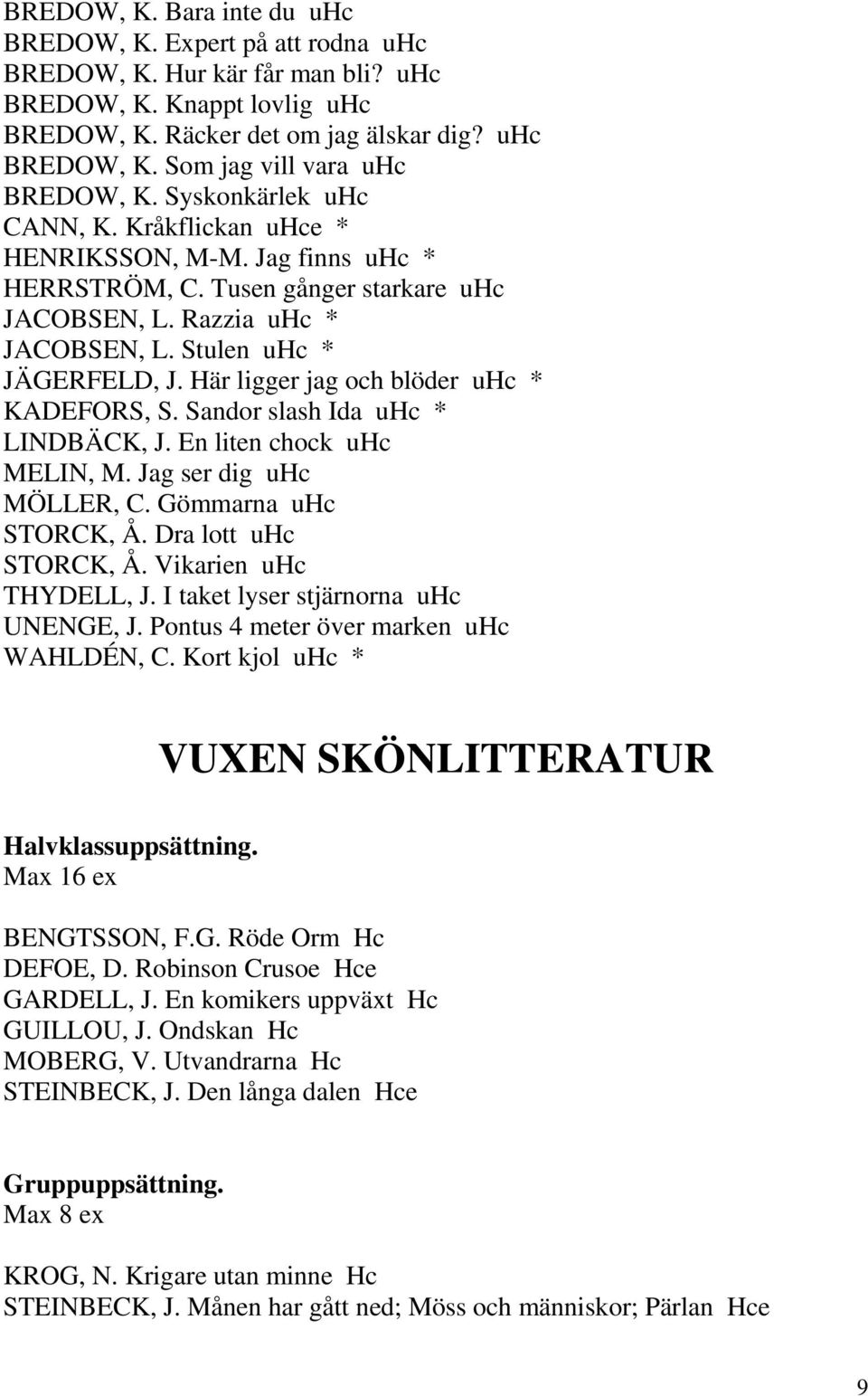Här ligger jag och blöder uhc * KADEFORS, S. Sandor slash Ida uhc * LINDBÄCK, J. En liten chock uhc MELIN, M. Jag ser dig uhc MÖLLER, C. Gömmarna uhc STORCK, Å. Dra lott uhc STORCK, Å.