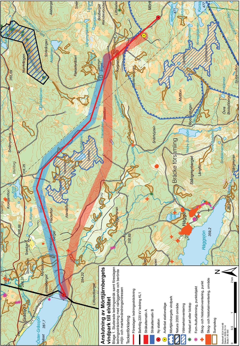 ledningssträckning Befintlig 220 kv ledning KL1 Stråkalternativ A Stråkalternativ B Ny station Avfärdat stationsläge Mörttjärnbergets vindpark Natura