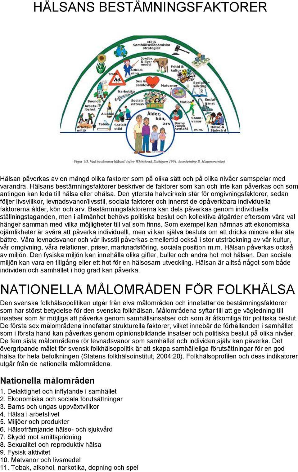 Den yttersta halvcirkeln står för omgivningsfaktorer, sedan följer livsvillkor, levnadsvanor/livsstil, sociala faktorer och innerst de opåverkbara individuella faktorerna ålder, kön och arv.