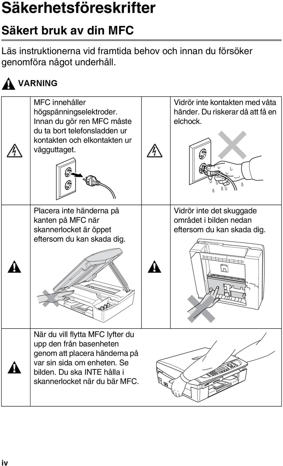 Vidrör inte kontakten med våta händer. Du riskerar då att få en elchock. Placera inte händerna på kanten på MFC när skannerlocket är öppet eftersom du kan skada dig.