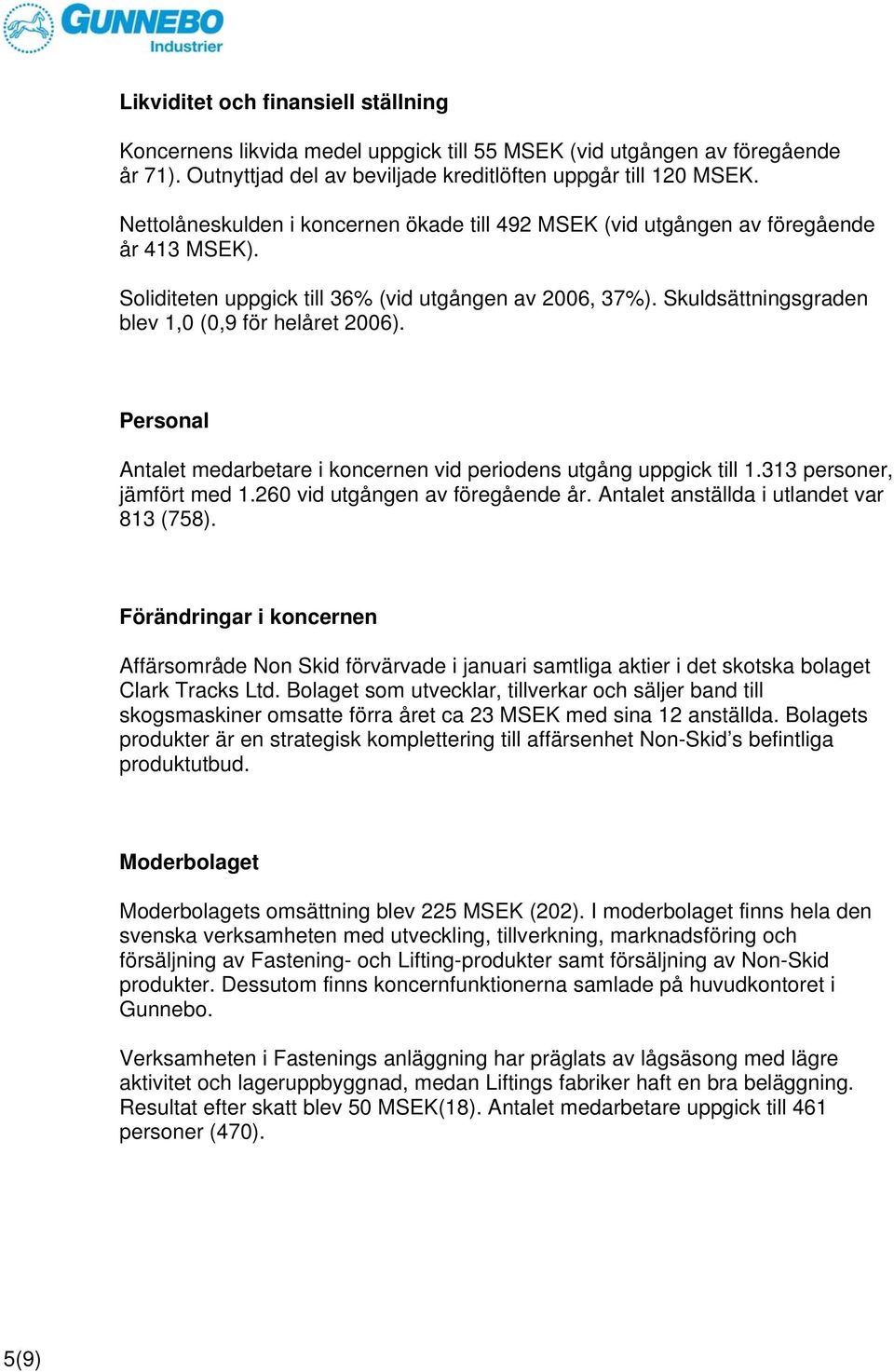 Skuldsättningsgraden blev 1,0 (0,9 för helåret 2006). Personal Antalet medarbetare i koncernen vid periodens utgång uppgick till 1.313 personer, jämfört med 1.260 vid utgången av föregående år.