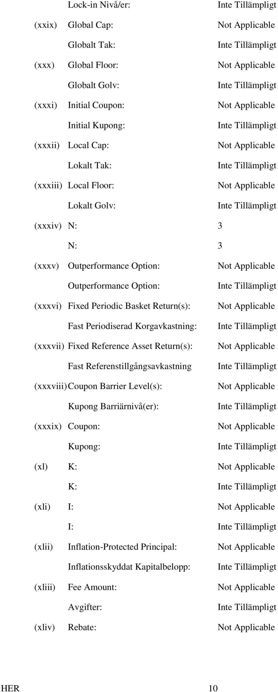 Korgavkastning: (xxxvii) Fixed Reference Asset Return(s): Fast Referenstillgångsavkastning (xxxviii) Coupon Barrier Level(s): Kupong Barriärnivå(er): (xxxix) Coupon: Kupong: Not Applicable Not