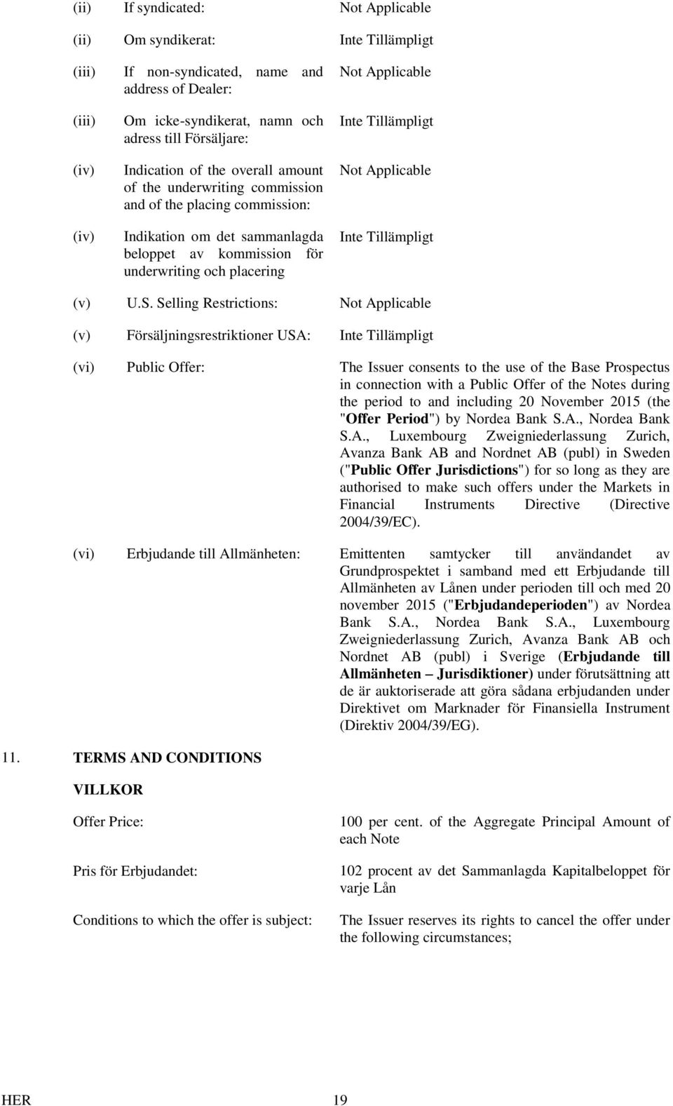 Selling Restrictions: Not Applicable (v) Försäljningsrestriktioner USA: (vi) Public Offer: The Issuer consents to the use of the Base Prospectus in connection with a Public Offer of the Notes during