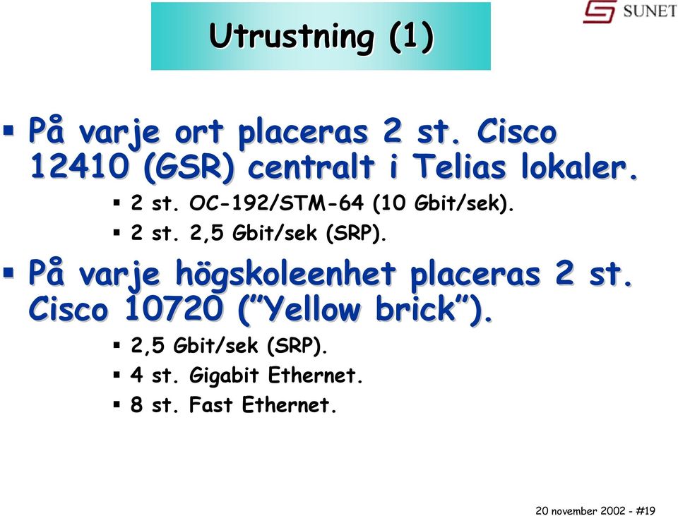 OC-192/STM-64 (10 Gbit/sek). 2 st. 2,5 Gbit/sek (SRP).