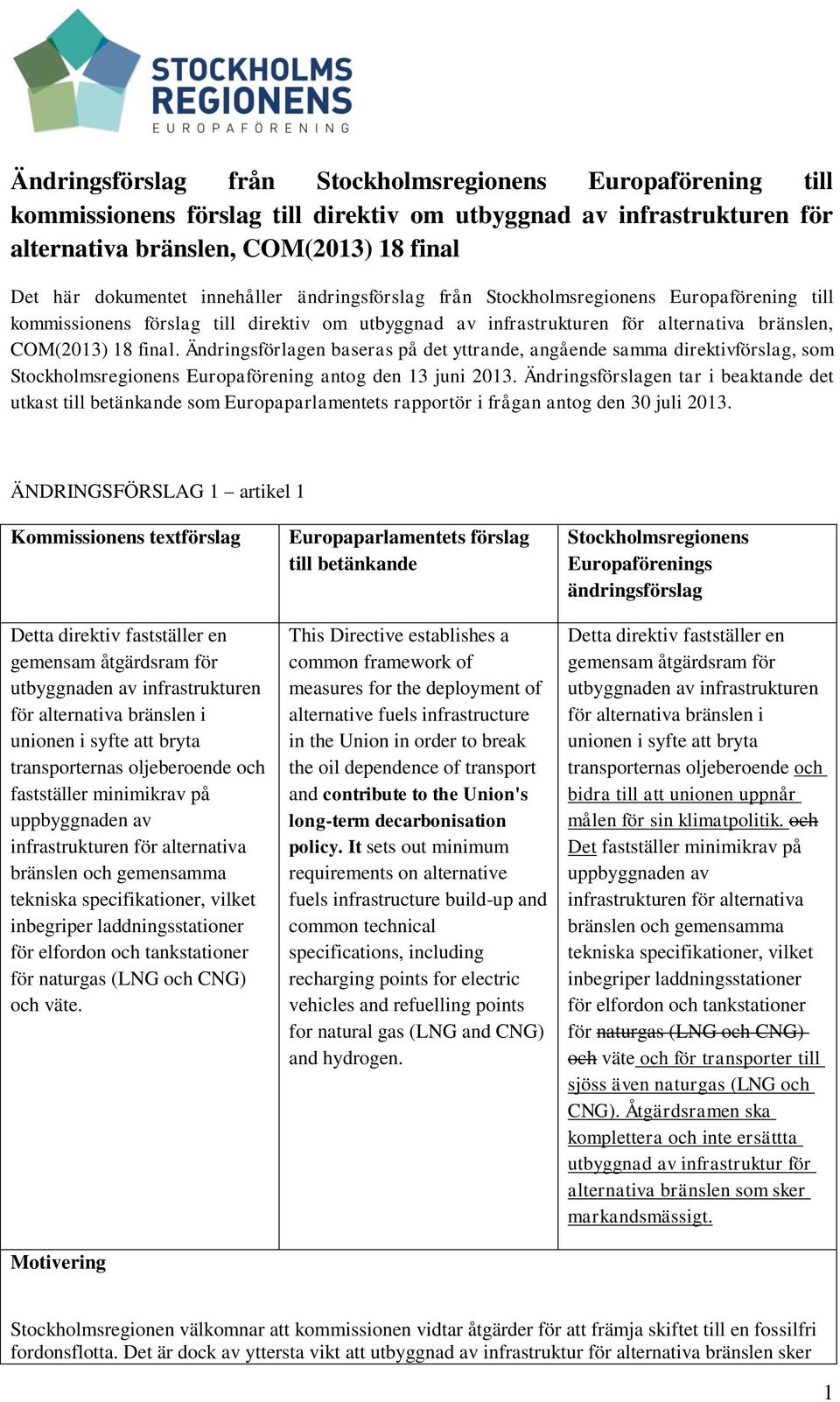 Ändringsförlagen baseras på det yttrande, angående samma direktivförslag, som Europaförening antog den 13 juni 2013.