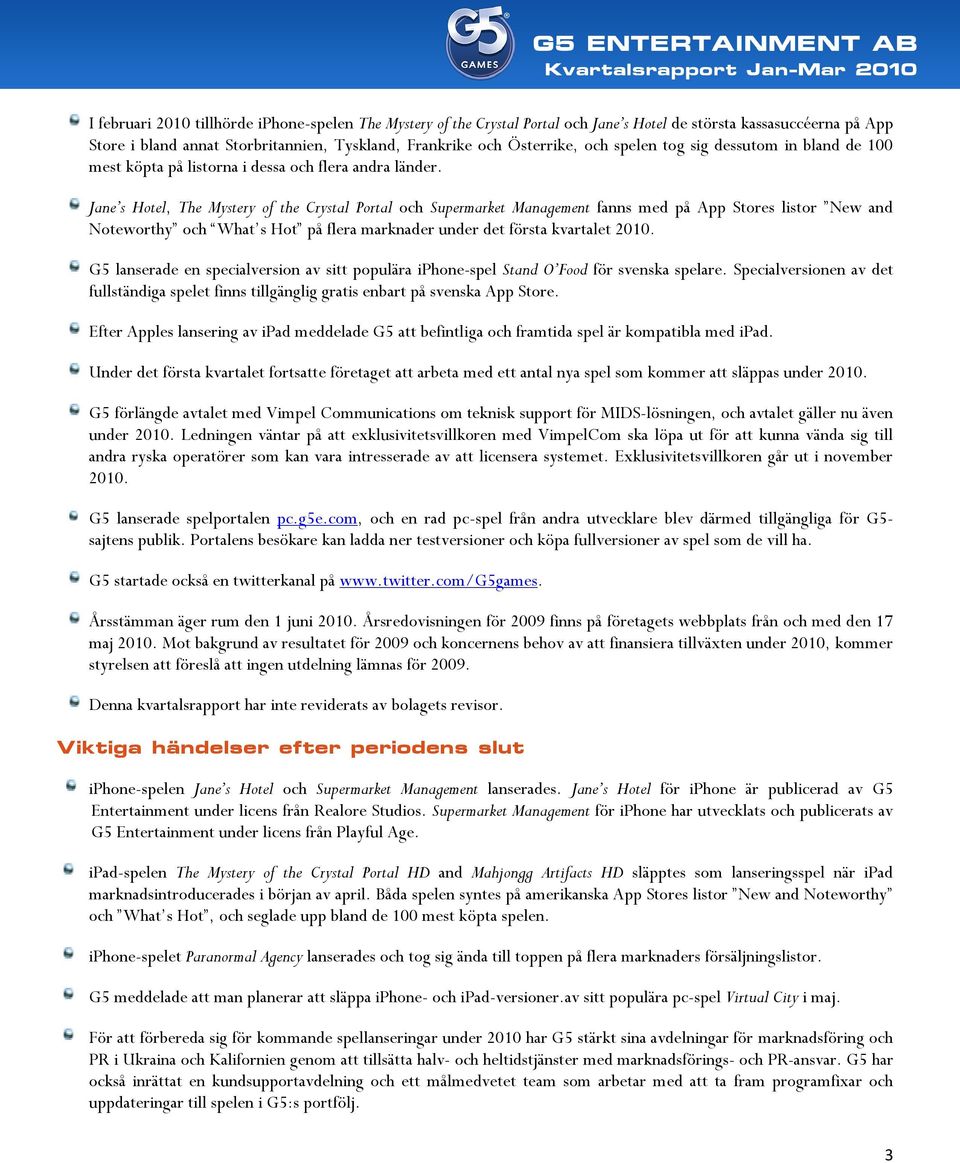 Jane s Hotel, The Mystery of the Crystal Portal och Supermarket Management fanns med på App Stores listor New and Noteworthy och What s Hot på flera marknader under det första kvartalet 2010.