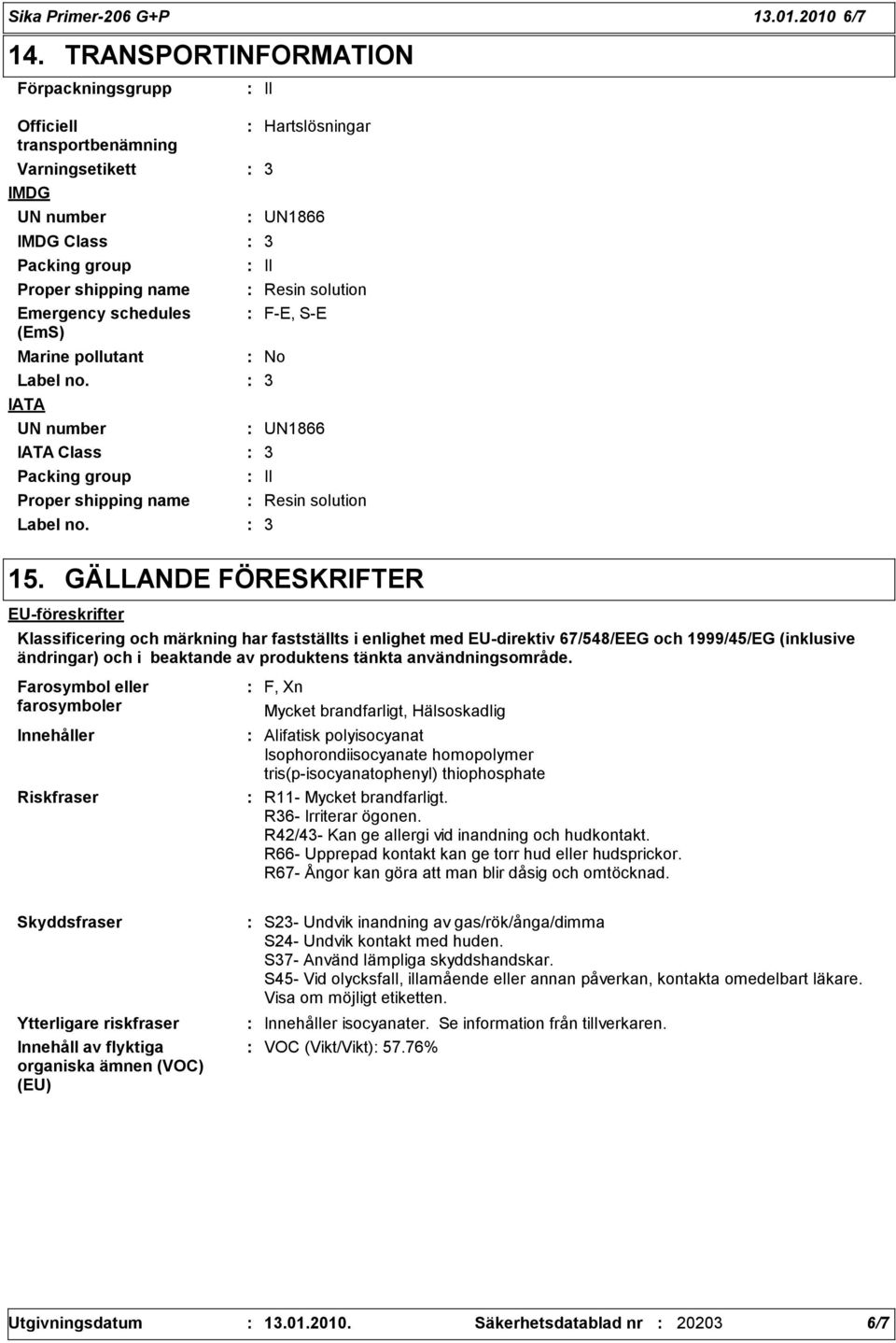 IATA UN number IATA Class Packing group Proper shipping name Label no. II Hartslösningar UN1866 II Resin solution F-E, S-E No UN1866 II Resin solution 15.