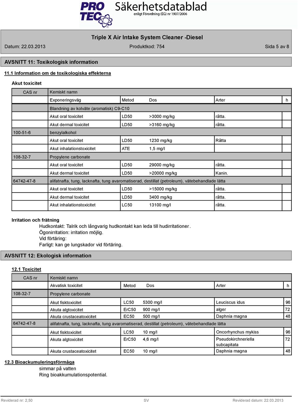 toxicitet >3160 mg/kg 100-51-6 benzylalkohol Akut oral toxicitet 1230 mg/kg Råtta Akut inhalationstoxicitet ATE 1,5 mg/l 108-32-7 Propylene carbonate Akut oral toxicitet 2000 mg/kg Akut dermal