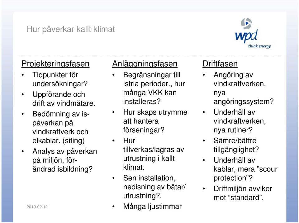 Hur skaps utrymme att hantera förseningar? Hur tillverkas/lagras av utrustning i kallt klimat. Sen installation, nedisning av båtar/ utrustning?