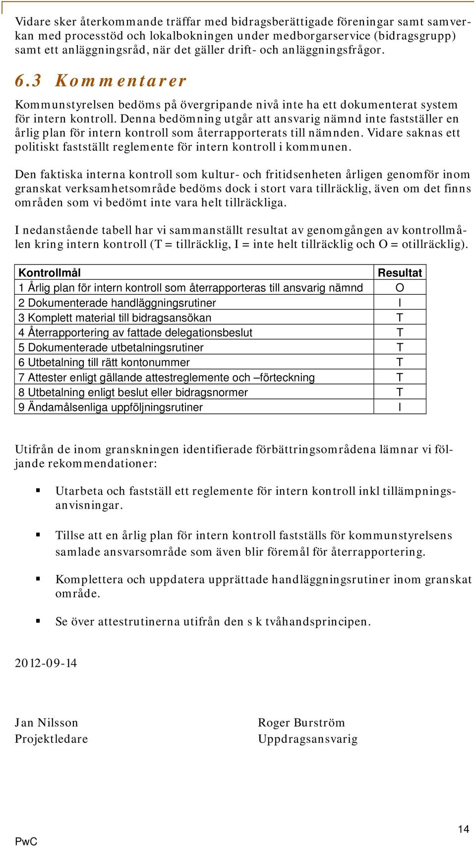 Denna bedömning utgår att ansvarig nämnd inte fastställer en årlig plan för intern kontroll som återrapporterats till nämnden.