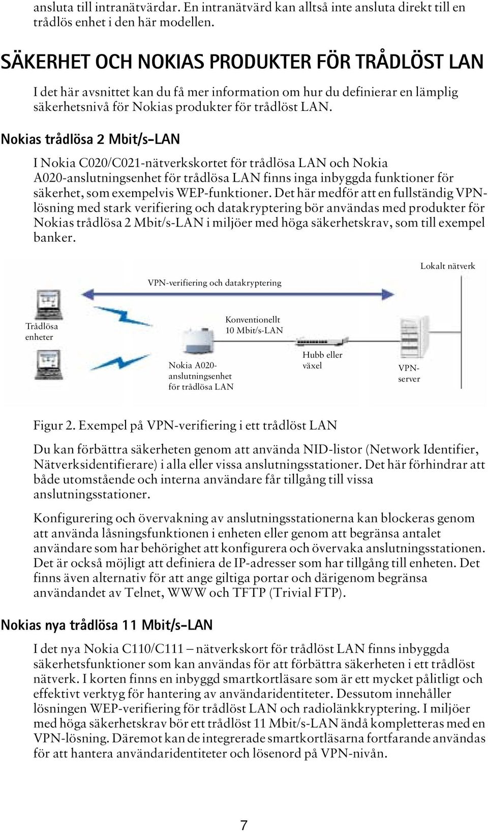 Nokias trådlösa 2 Mbit/s-LAN I Nokia C020/C021-nätverkskortet för trådlösa LAN och Nokia A020-anslutningsenhet för trådlösa LAN finns inga inbyggda funktioner för säkerhet, som exempelvis