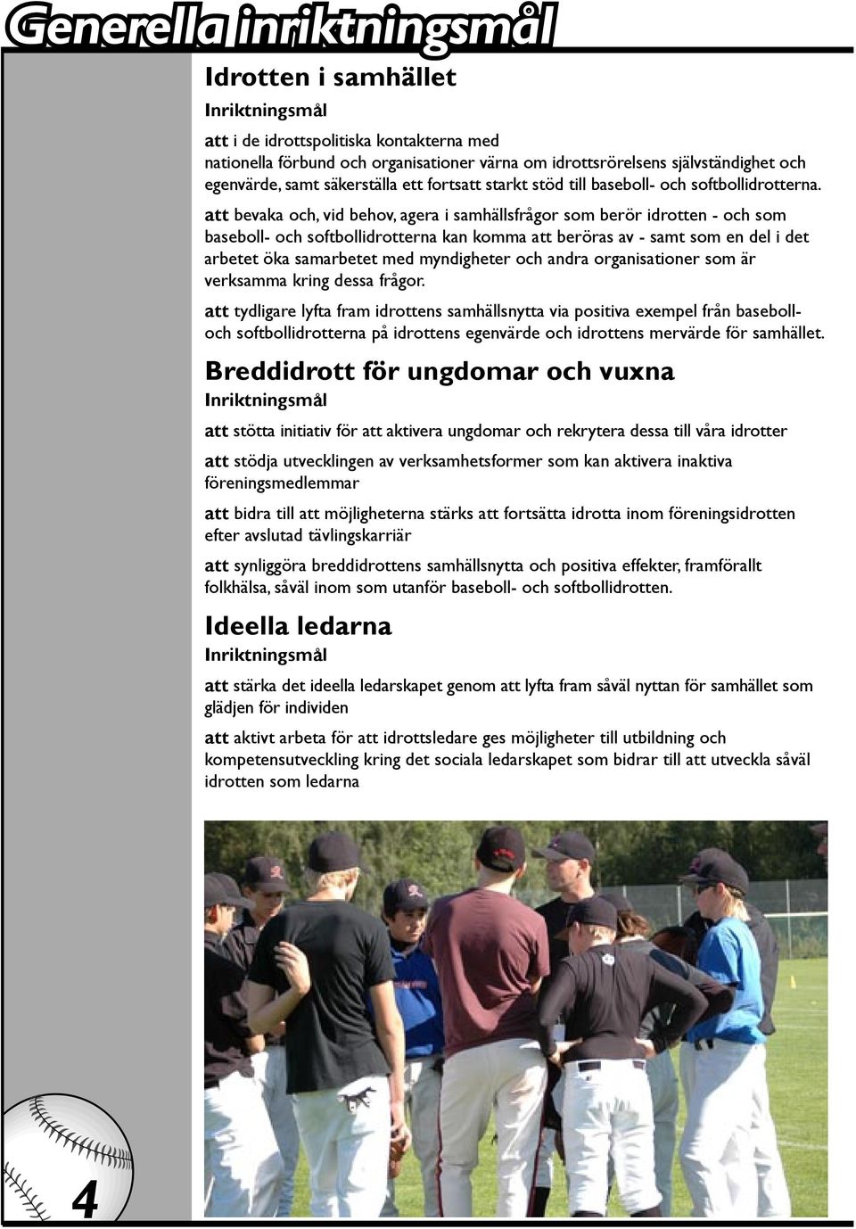 att bevaka och, vid behov, agera i samhällsfrågor som berör idrotten - och som baseboll- och softbollidrotterna kan komma att beröras av - samt som en del i det arbetet öka samarbetet med myndigheter