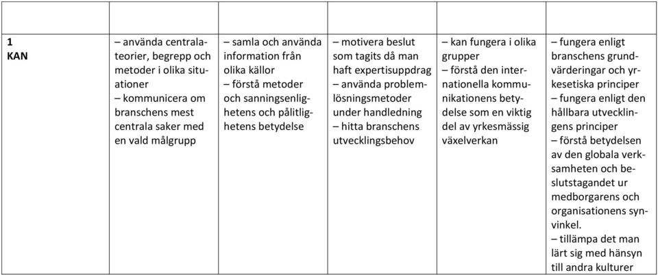 kan fungera i olika grupper förstå den internationella kommunikationens betydelse som en viktig del av yrkesmässig växelverkan fungera enligt s grundvärderingar och