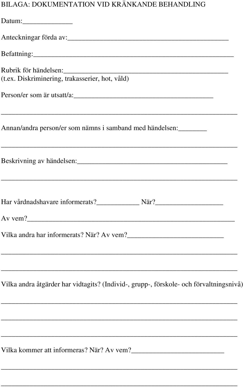 händelsen: Beskrivning av händelsen: Har vårdnadshavare informerats? När? Av vem? Vilka andra har informerats? När? Av vem? Vilka andra åtgärder har vidtagits?