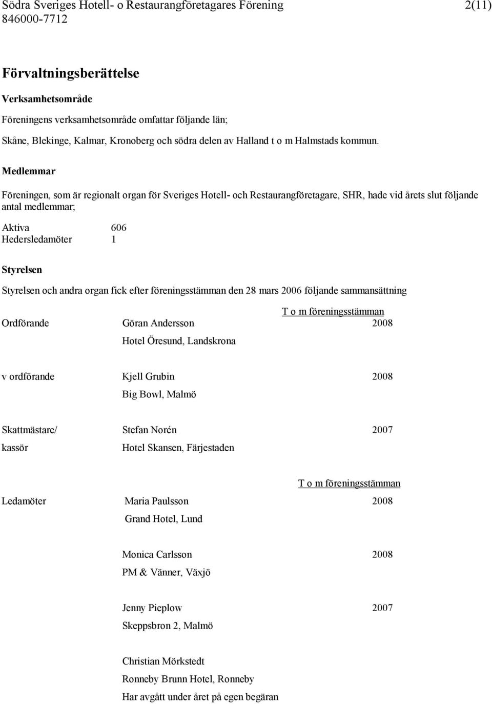 andra organ fick efter föreningsstämman den 28 mars 2006 följande sammansättning T o m föreningsstämman Ordförande Göran Andersson 2008 Hotel Öresund, Landskrona v ordförande Kjell Grubin 2008 Big