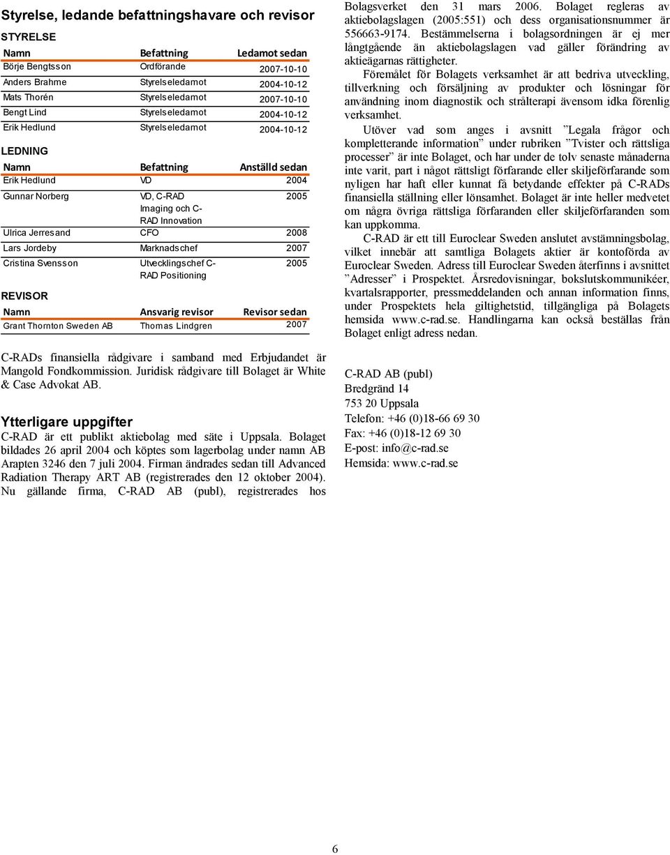 Innovation Ulrica Jerresand CFO 2008 Lars Jordeby Marknadschef 2007 Cristina Svensson Utvecklingschef C- RAD Positioning 2005 REVISOR Namn Ansvarig revisor Revisor sedan Grant Thornton Sweden AB