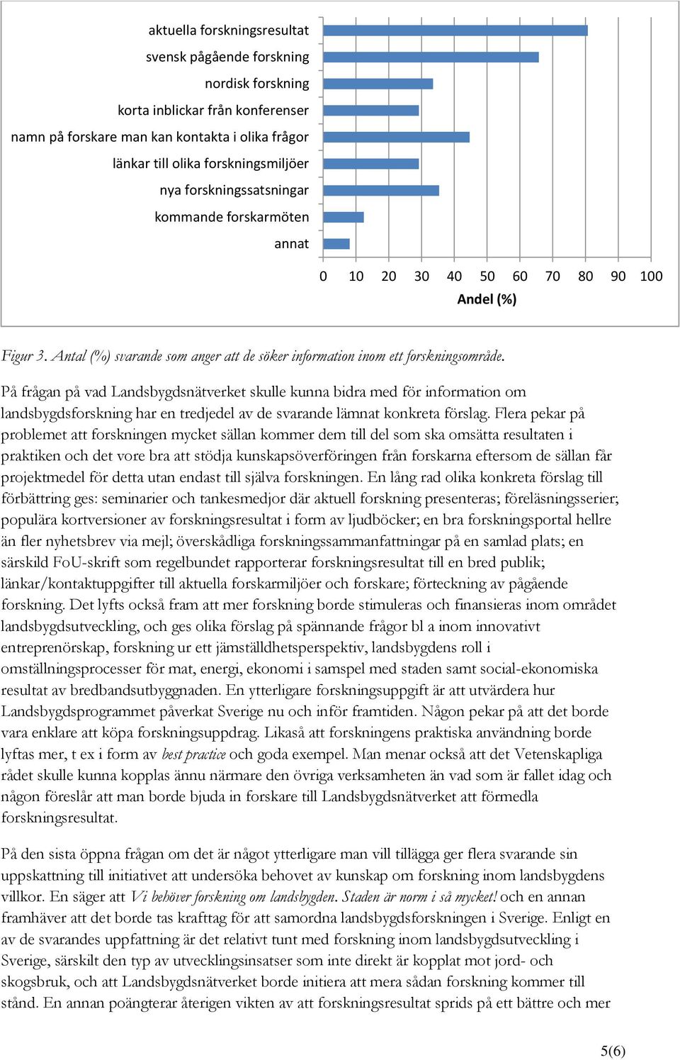 På frågan på vad Landsbygdsnätverket skulle kunna bidra med för information om landsbygdsforskning har en tredjedel av de svarande lämnat konkreta förslag.