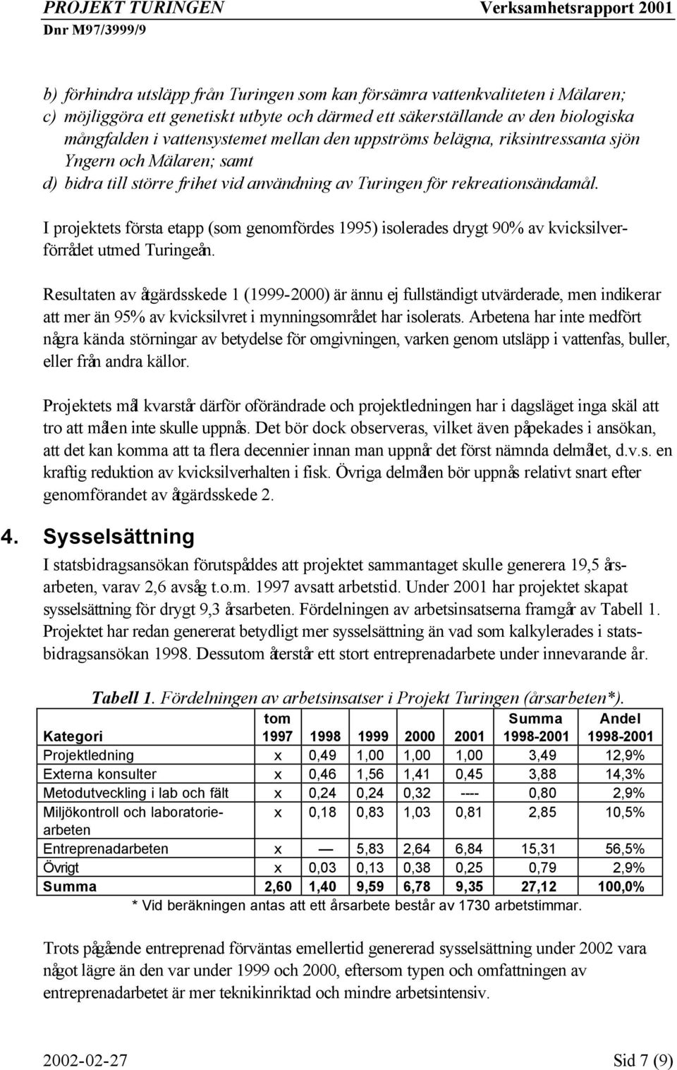 I projektets första etapp (som genomfördes 1995) isolerades drygt 90% av kvicksilverförrådet utmed Turingeån.