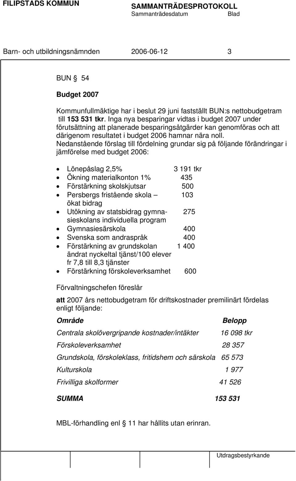 Nedanstående förslag till fördelning grundar sig på följande förändringar i jämförelse med budget 2006: Lönepåslag 2,5% 3 191 tkr Ökning materialkonton 1% 435 Förstärkning skolskjutsar 500 Persbergs