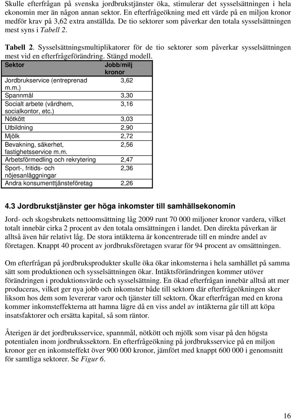 Tabell 2. Sysselsättningsmultiplikatorer för de tio sektorer som påverkar sysselsättningen mest vid en efterfrågeförändring. Stängd modell. Sektor Jobb/milj kronor Jordbrukservice (entreprenad 3,62 m.