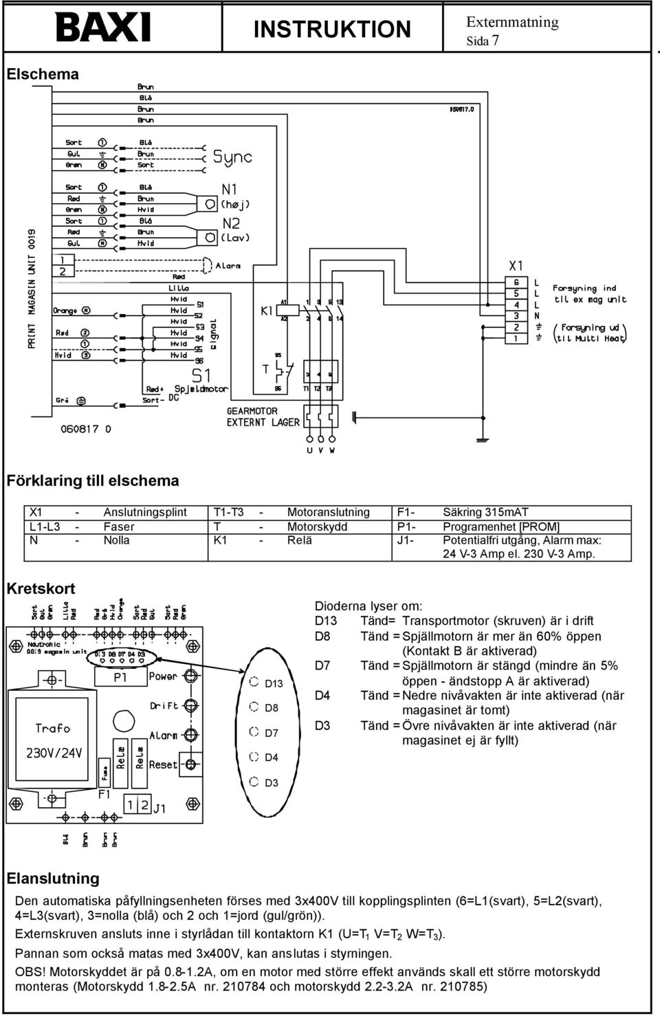 Kretskort D13 D8 D7 D4 D3 Dioderna lyser om: D13 Tänd= Transportmotor (skruven) är i drift D8 Tänd = Spjällmotorn är mer än 60% öppen (Kontakt B är aktiverad) D7 Tänd = Spjällmotorn är stängd (mindre