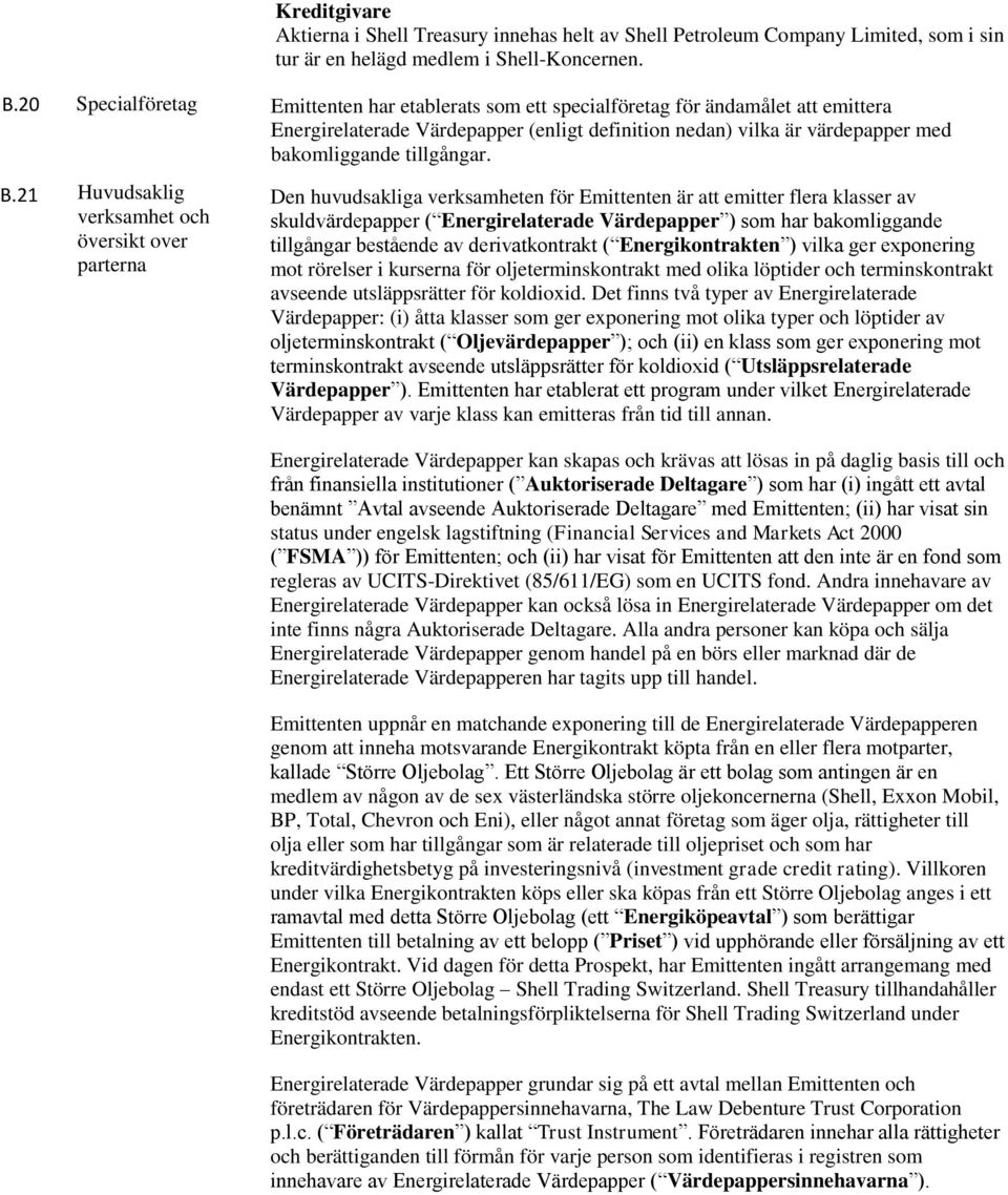 B.21 Huvudsaklig Den huvudsakliga verksamheten för Emittenten är att emitter flera klasser av verksamhet och skuldvärdepapper ( Energirelaterade Värdepapper ) som har bakomliggande översikt over