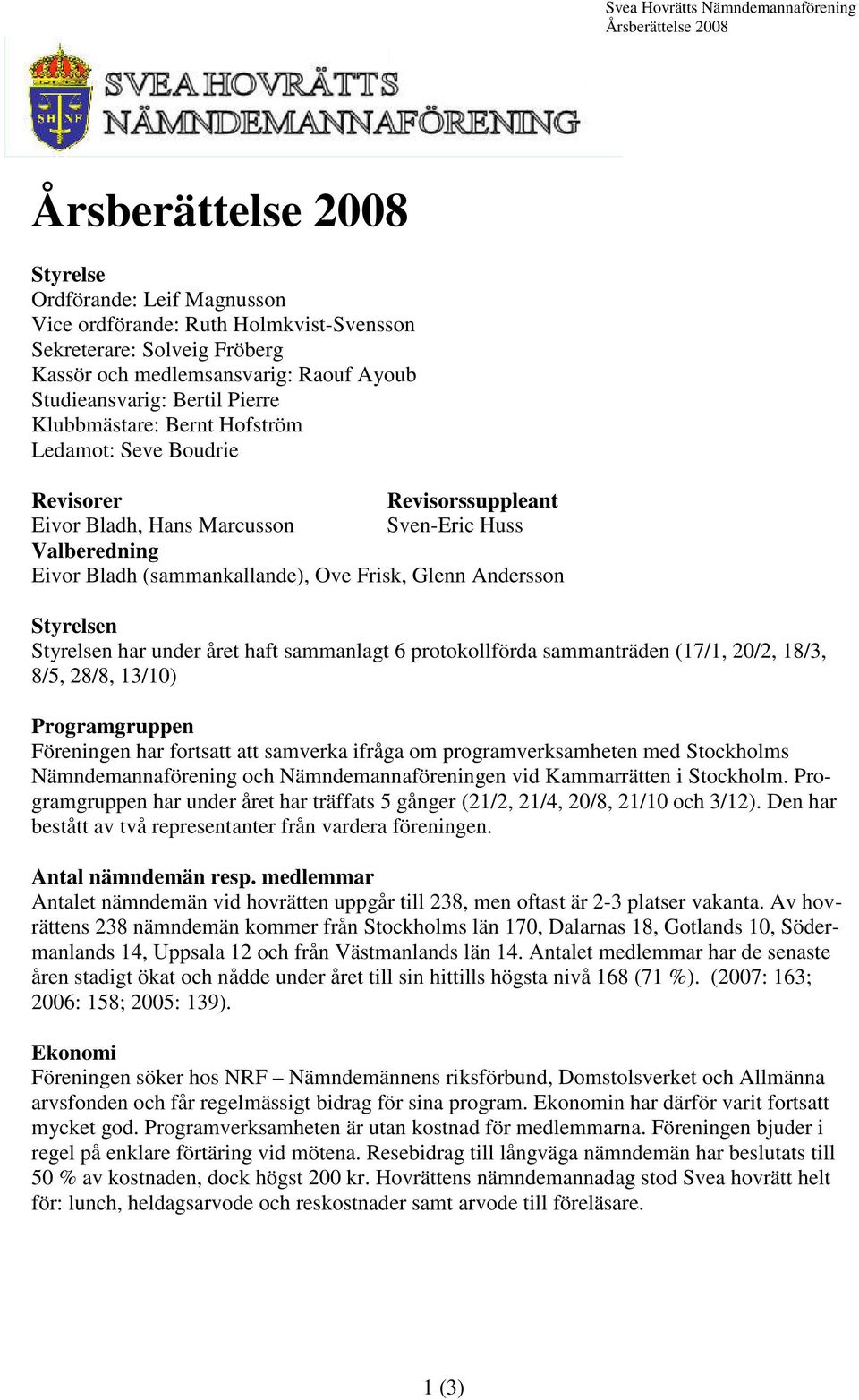 Bladh (sammankallande), Ove Frisk, Glenn Andersson Styrelsen Styrelsen har under året haft sammanlagt 6 protokollförda sammanträden (17/1, 20/2, 18/3, 8/5, 28/8, 13/10) Programgruppen Föreningen har