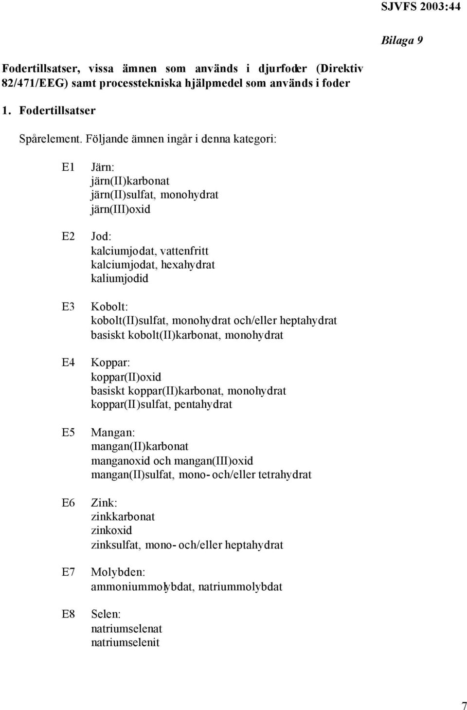 Kobolt: kobolt(ii)sulfat, monohydrat och/eller heptahydrat basiskt kobolt(ii)karbonat, monohydrat Koppar: koppar(ii)oxid basiskt koppar(ii)karbonat, monohydrat koppar(ii)sulfat, pentahydrat Mangan: