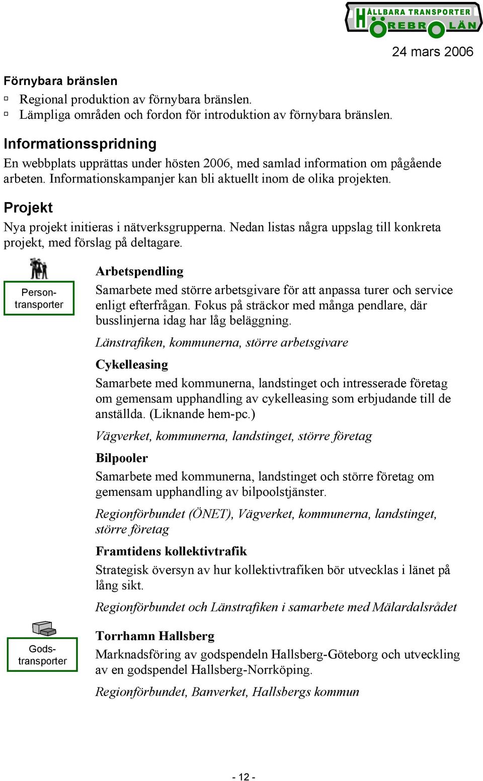 Projekt Nya projekt initieras i nätverksgrupperna. Nedan listas några uppslag till konkreta projekt, med förslag på deltagare.